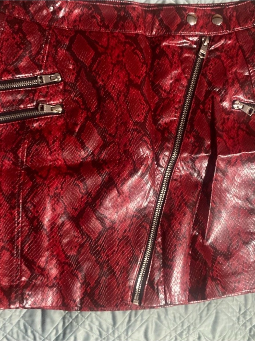 Red Snakeskin Faux Leather Mini Skirt with Zipper Detail